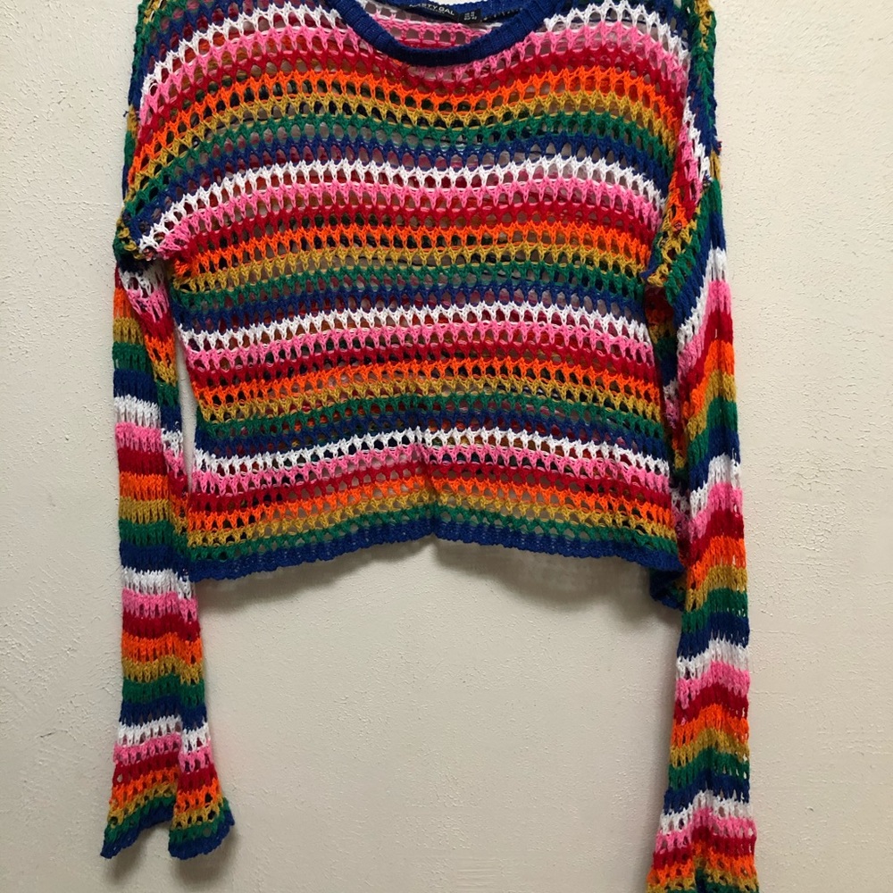 Rainbow Macrame Knit Crop Top Bell Sleeves